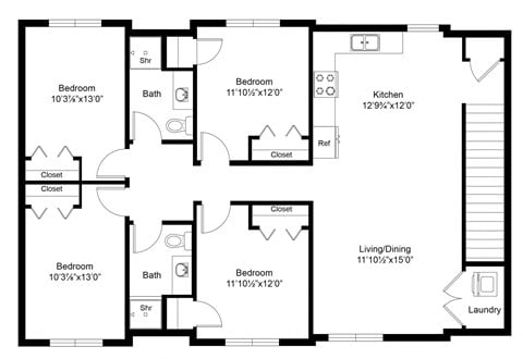 Floor plan for 4 beds, 2 baths, 1438 sqft